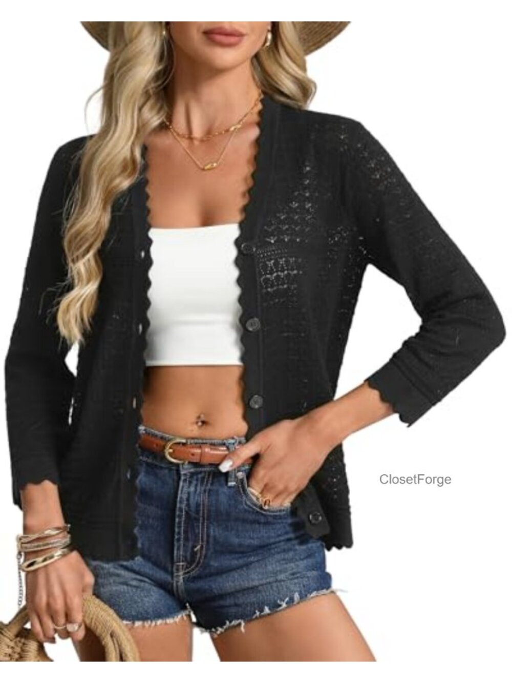 Lightweight Crochet Knit Cardigan 3/4 Sleeve Open Front Casual Summer